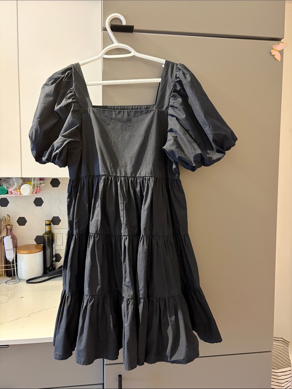 OAK + FORT Black Puff-Sleeve Tiered Mini Dress